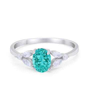 Art Deco Oval Engagement Ring Simulated Paraiba Tourmaline CZ 925 Sterling Silver